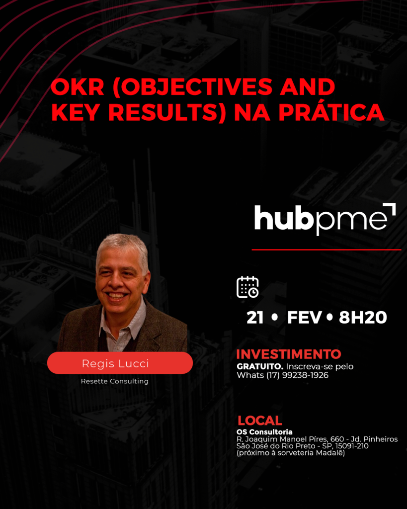 Convite reunião hubpme OKR NA PRÁTICA com Regis Lucci