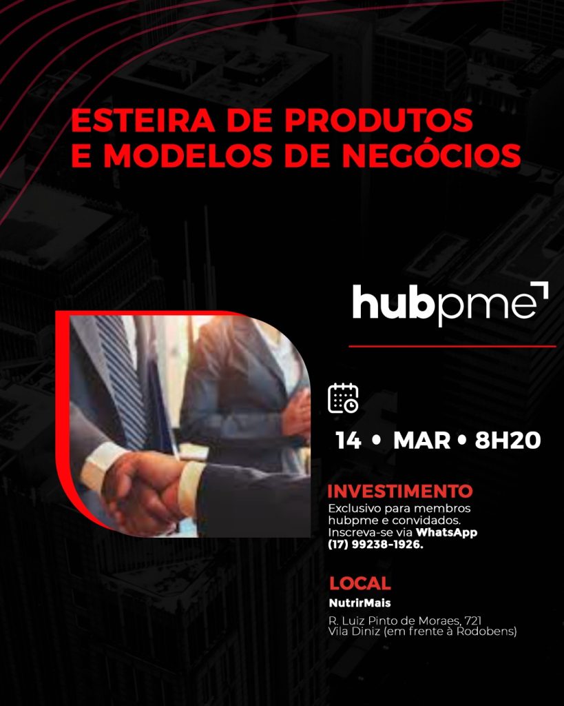 Folder reunião hubpme sobre Esteira de Produtos e Modelos de Negócios